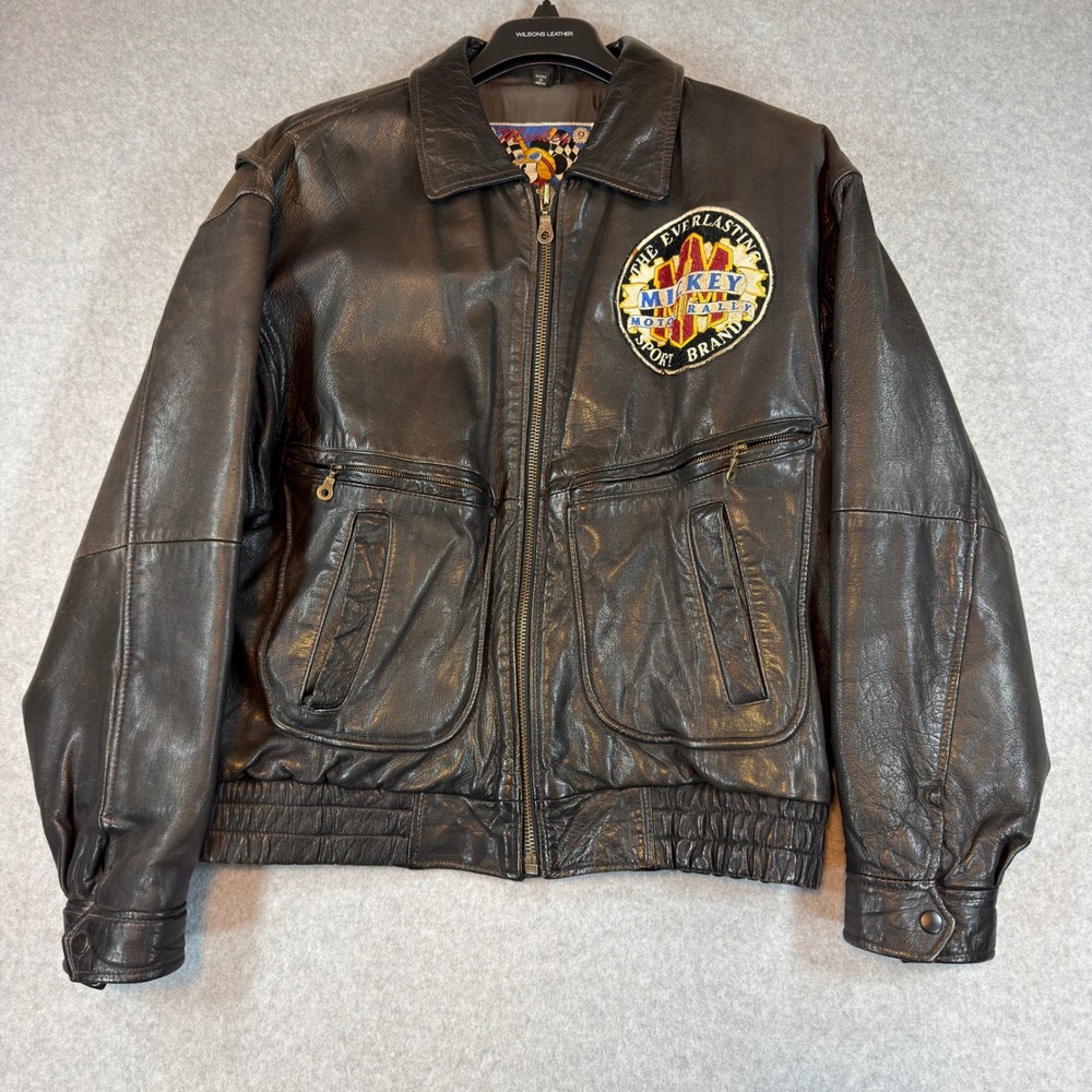 Vintage Disney Mickey Motors Racing Jacket Mens L Leather Embroidered Patch 90s